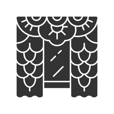 Dantel perdeler glyph simgesi. Ev iç tasarım. Yatak odası dekorasyonu. Ev vitrini tedavileri. Vintage çiçek perdeleri, panjurlar, perdeler. Siluet sembolü. Negatif boşluk. Vektör izole illüstrasyon