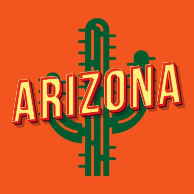 Arizona vintage 3d vektör yazı. Retro kalın yazı tipi, yazı tipi. Pop art stilize metin. Eski tarz mektuplar. 90'lar, 80'ler afiş, afiş, t shirt tipografi tasarımı. Kaktüs ile turuncu renk arka plan
