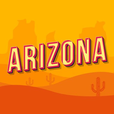Arizona vintage 3d vektör yazı. Retro kalın yazı tipi, yazı tipi. Pop art stilize metin. Eski tarz mektuplar. 90'lar, 80'ler afiş, afiş, t shirt tipografi tasarımı. Turuncu çöl renk arka plan