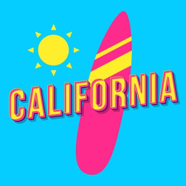 California vintage 3d vektör yazı. Retro kalın yazı tipi, yazı tipi. Pop art stilize metin. Eski tarz mektuplar. 90'lar, 80'ler afiş, afiş tipografisi tasarımı. Sörf tahtası ile azure renk arka plan
