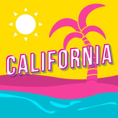California vintage 3d vektör yazı. Retro kalın yazı tipi, yazı tipi. Pop art stilize metin. Eski tarz mektuplar. 90'lar, 80'ler afiş, afiş, t shirt tipografi tasarımı. Tropikal ada arka plan