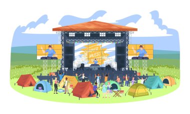 Yaz kamp Dj festivali düz vektör illüstrasyon. Elektronik müzik festivali kamp alanında insanlar. Açık hava konseri. Yaz eğlencesi açık hava aktivitesi. Sahne, çadır şehir, seyirci çizgi film karakterleri