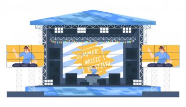 Yaz Dj müzik festivali düz vektör illüstrasyon. Elektronik müzik festivali. Turntablist yeni mix oluşturma. Açık hava canlı performans. Deejay sahnede beyaz arka plan üzerinde izole çizgi film karakteri