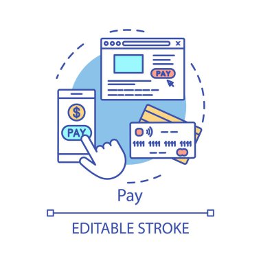 Ödeme kavramı simgesi. Online alışveriş fikri ince çizgi illüstrasyon. E ticaret. E ödeme, para işlemi. İnternet bankacılığı. Dijital satın alma fikri. Vektör yalıtılmış anahat çizimi. Kullanılabilir kontur