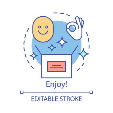 Online alışveriş keyfi kavramı simgesi. Mükemmel hizmet fikri ince çizgi illüstrasyon. İyi satın alma, satın al. Müşteri, alıcı, müşteri memnuniyeti. Vektör yalıtılmış anahat çizimi. Kullanılabilir kontur