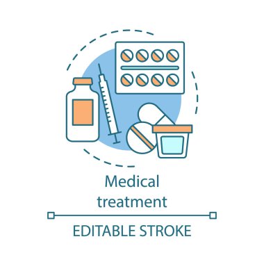 Tıbbi tedavi kavramı simgesi. İlaçlar fikir ince çizgi illüstrasyon. Hastalara yardım. Haplar, şuruplar, iğneler. İlaç reçetesi. Terapi. Vektör yalıtılmış anahat çizimi. Kullanılabilir kontur