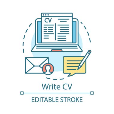 Cv kavram simgesi yazın. Özgeçmiş, özgeçmiş fikir ince çizgi illüstrasyon. İş başvurusu gönderme ve devam. Kaydolun, kayıt olun. Vektör yalıtılmış anahat çizimi. Kullanılabilir kontur