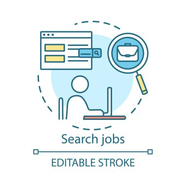 İş kavramı simgesini arayın. Fikir ince çizgi illüstrasyon bulma çalışma. İnsan Kaynakları yönetimi. Kafa avı, işe alım. İşe alım, istihdam. İş başvurusu. Vektör yalıtılmış anahat çizimi. Kullanılabilir kontur