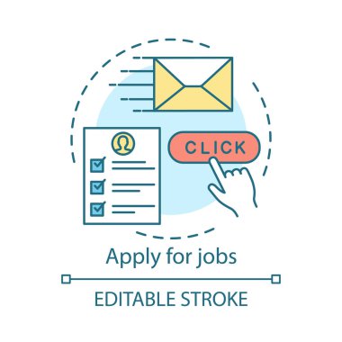 İşler kavramı simgesi için uygulayın. İş arama fikri ince çizgi illüstrasyon. İnsan Kaynakları yönetimi. Kafa avı, işe alım. İşe alım, istihdam. İş başvurusu. Vektör yalıtılmış anahat çizimi. Kullanılabilir kontur