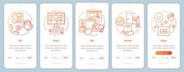 Doğrusal kavramlar ile mobil uygulama sayfası ekranında online alışveriş. Arayın, seçin, ödeyin, alın, keyfini çıkarın. Adımları grafik yönergeleri. Ux, Ui, Gui vektör şablonu çizimleri ile