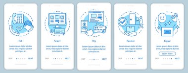 Doğrusal kavramlar ile mobil uygulama sayfası ekranında online alışveriş. Arayın, seçin, ödeyin, alın, keyfini çıkarın. Adımları grafik yönergeleri. Ux, Ui, Gui vektör şablonu çizimleri ile