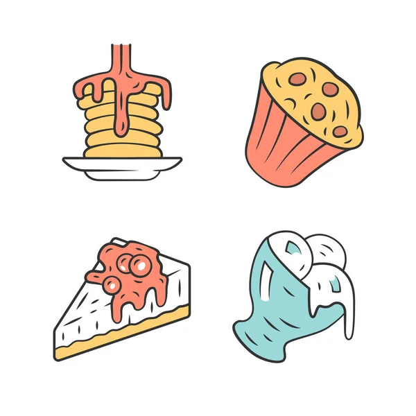 Postres iconos de color conjunto. Panqueques, magdalenas, tartas de queso, helados. Panadería, menú de confitería. Plombir, gelato, magdalena. Comida dulce, platos de confitería. Ilustraciones vectoriales aisladas — Archivo Imágenes Vectoriales