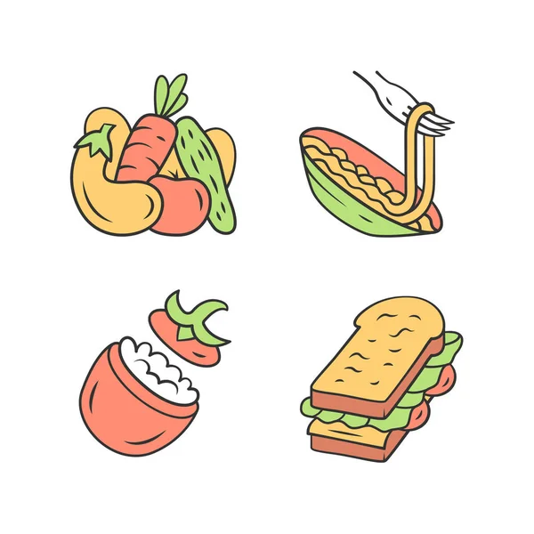 Tápláló élelmiszer színes ikonok meg. Zöldség, tészta, töltött paradicsom, szendvics. Kávézó, étterem snack, előétel. Egészséges táplálkozás. Saláta, spagetti. Izolált vektoros illusztrációk — Stock Vector