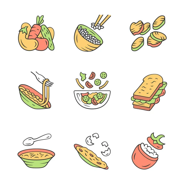 Menu restoran piring ikon warna ditetapkan. Salad, sup, hidangan utama. Nasi, sayuran panggang, telur dadar, pasta, sandwich. Nutrisi makanan, sayuran. Ilustrasi vektor terisolasi - Stok Vektor