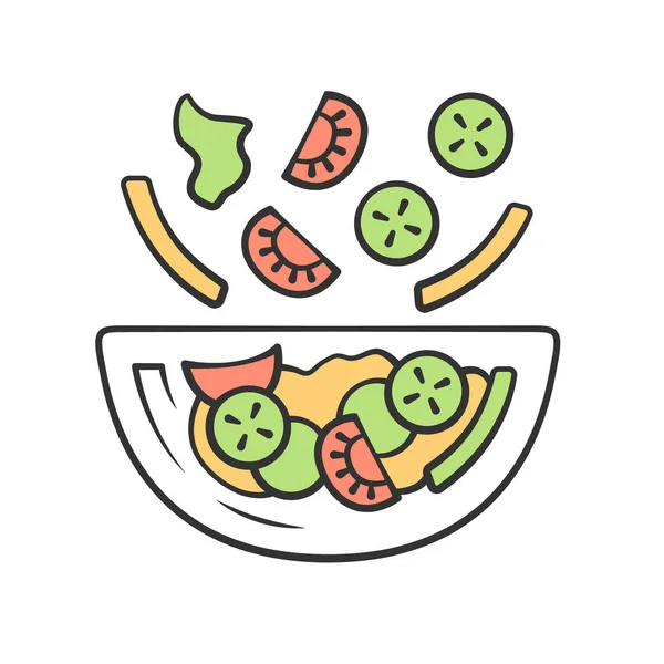 Sallad skål färg ikon. Färsk ekologisk mat. Vegan äta, grönsaker. Hälsosam kost. Vitamin och diet. Tomat, paprika, gurka. Kök porslin. Isolerad vektor illustration — Stock vektor