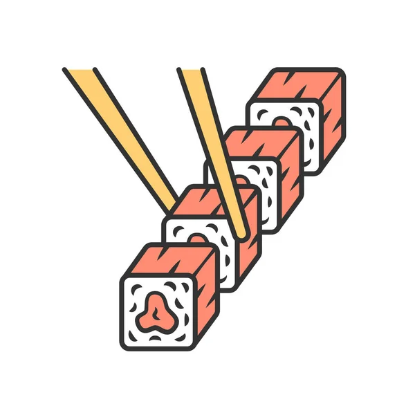 Sushi nastavené ikonou hůlek barev. Tradiční japonské pokrmy, mořské plody. Asijská kuchyně. Restaurace, Café menu. Jarní válečky, válcované předkrmy. Izolovaný vektorový obrázek — Stockový vektor