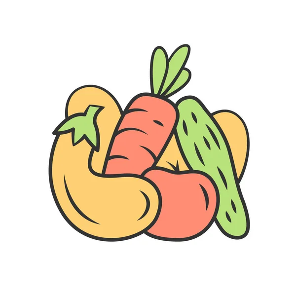 Icono de color de verduras. Pepino, tomate, zanahoria, berenjena. Ingrediente nutricional saludable. Vitamina y dieta. Vegetariano, comida vegana. Plantas agrícolas. Ilustración vectorial aislada — Vector de stock