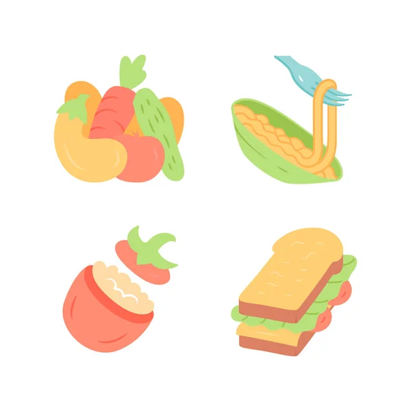 Питательная еда плоский дизайн длинный цвет тени иконки набор. Овощи, макароны, фаршированные помидоры, сэндвичи. Кафе, ресторан, закуска. Здоровое питание. Салат, спагетти. Векторные силуэты — стоковый вектор