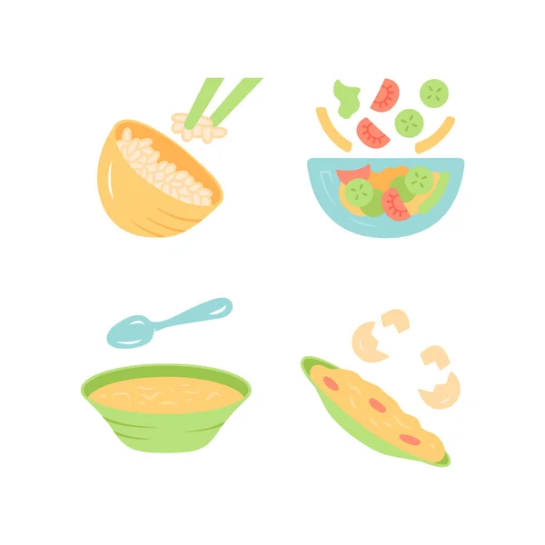 Alimento orgánico diseño plano conjunto de iconos de color sombra larga. Verduras, huevos. Ensalada, sopa, tortilla. Nutrición saludable. Cena, menú del restaurante. Primero, segundo plato. Ilustraciones de silueta vectorial — Vector de stock