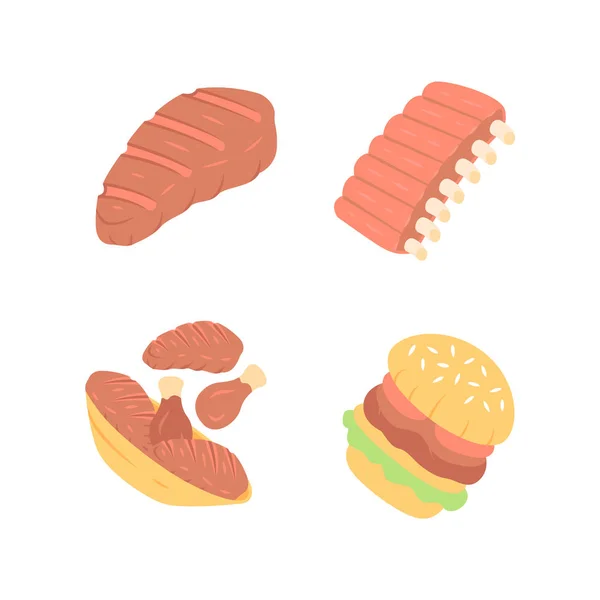 Meat dishes flat design long shadow color icons set. Steak, beef ribs, chicken legs, burger. Fast food. Butcher shop product. Restaurant, grill bar, steakhouse menu.Vector silhouette illustrations — Stock Vector