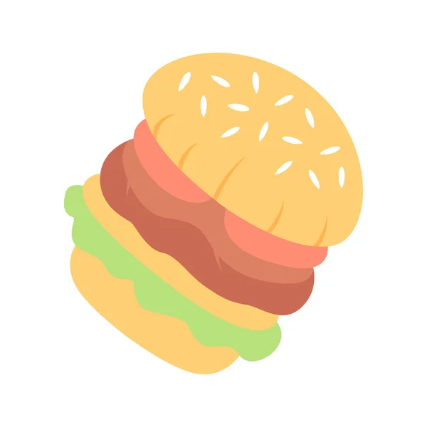 Burger flat design long shadow color icon. Fast food cafe, restaurant, snack bar menu. Hamburger, cheeseburger, vegan burger. Quick meal. Sandwich, patty and sesame bun. Vector silhouette illustration — Stock Vector
