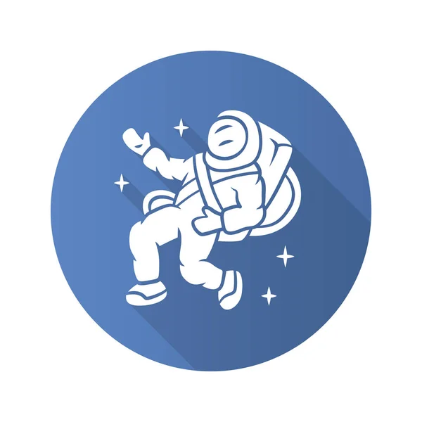 Astronauta diseño plano icono de glifo de sombra larga. Hombre del espacio. Explorador espacial. Cosmonauta en el espacio exterior. Hombre con traje espacial. Misión cósmica. Viaje, aventura, exploración. Ilustración de silueta vectorial — Archivo Imágenes Vectoriales