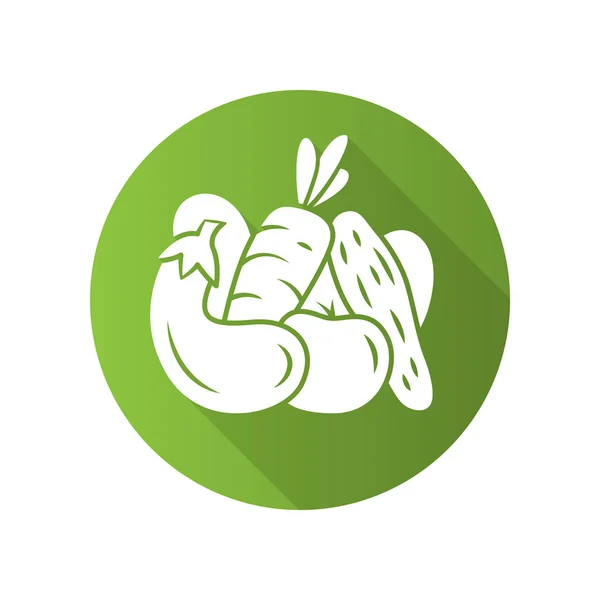 Zöldség lapos kialakítás hosszú árnyék karakterjel ikonra. Uborka, paradicsom, sárgarépa, padlizsán. Egészséges táplálkozás. Vitamin-és étrend. Vegetáriánus, vegán ételek. Mezőgazdasági üzemek. Vektor sziluettje illusztráció — Stock Vector