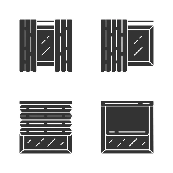 Window coverings and curtains glyph icons set. Panel pair, tracks, pleated blinds, roller shades. Interior design, home decor shop. Silhouette symbols. Vector isolated illustration — Stock Vector