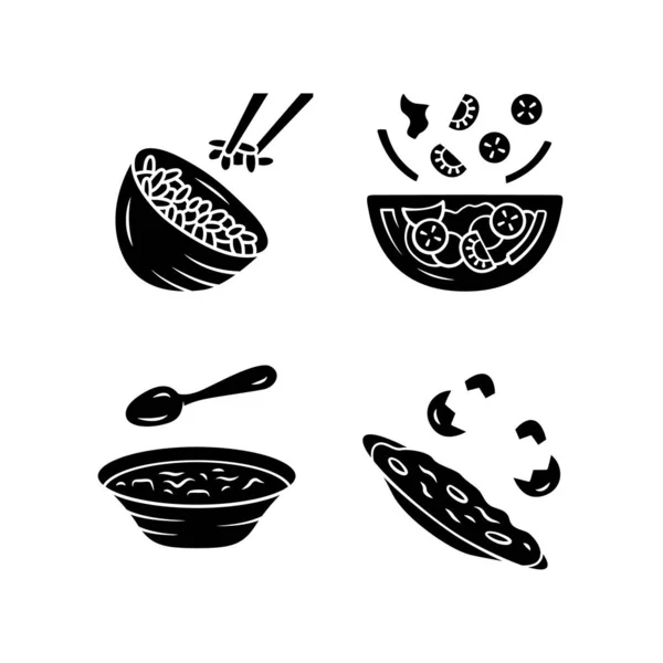 Jsou nastaveny ikony glyfů s organickými potravinami. Rýže, zelenina, vejce. Salát, polévka, omeleta. Zdravá výživa. Večeře, jídelní lístek. První, druhý chod. Symboly siluety. Vektorová samostatná ilustrace — Stockový vektor