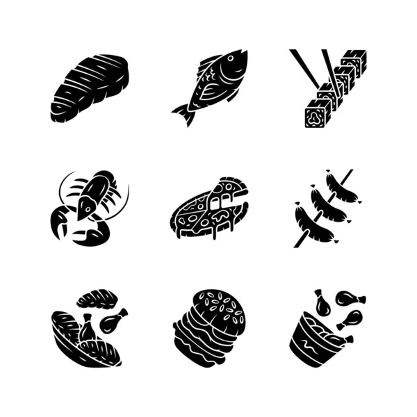 Restaurant menu glyph icons set. Fastfood, Italiaanse en mediterrane gerechten. Pizza, kreeft, biefstuk, hamburger, sushi, worstjes, kippenpoten. Silhouet symbolen. Vector geïsoleerde illustratie — Stockvector