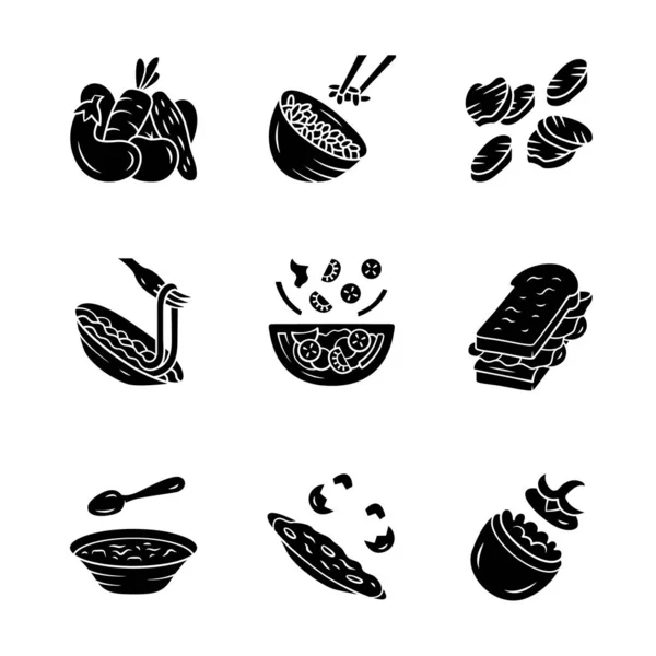 Speisekarte Gerichte Glyphen-Symbole gesetzt. Salate, Suppe, Hauptgerichte. Reis, gegrilltes Gemüse, Omelette, Nudeln, Sandwich. nahrhafte Nahrung. Silhouettensymbole. Vektor isolierte Abbildung — Stockvektor