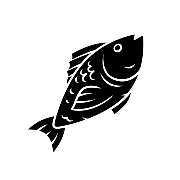 Icono de glifo de pescado. Café, menú de restaurante. Especies de peces. Animales marinos submarinos, mariscos. Carpa, plato de atún. Nutrición saludable. Comida dietética. Símbolo de silueta. Espacio negativo. Ilustración aislada vectorial — Archivo Imágenes Vectoriales