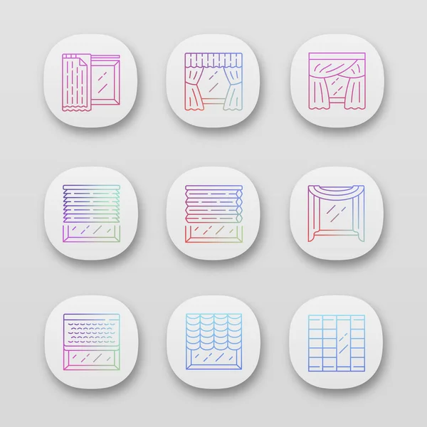Jalousie i zasłony App ikony ustawione. Odcienie komórkowe, zestaw do obróbki okien, wyściółka. Dom, Wnętrze biura akcesoriów. Interfejs użytkownika/UX. Aplikacje internetowe lub mobilne. Ilustracje wektorowe na białym tle — Wektor stockowy