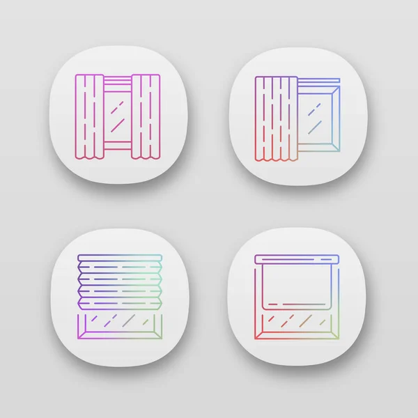 Ablak burkolatok és függönyök app ikonok meg. Panel pár, pályák, görgős árnyalatok. Belsőépítészet, lakberendezés üzlet. UI/UX felhasználói felület. Web-vagy mobilalkalmazások. Vektor izolált illusztrációk — Stock Vector