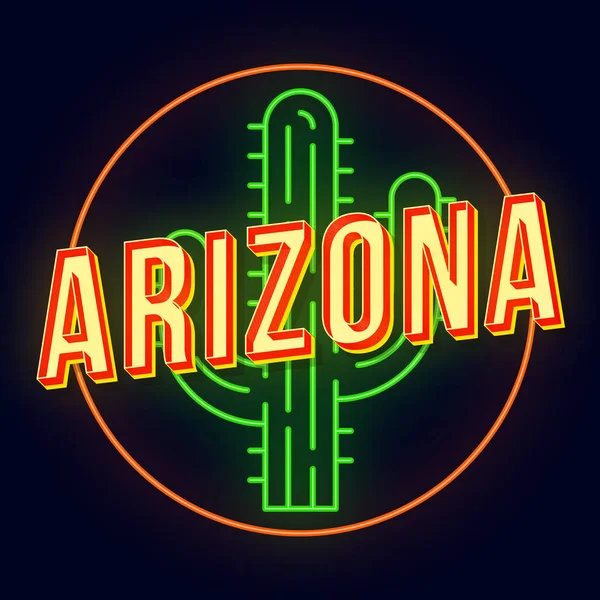 Arizona vintage 3d vektör yazı. Retro kalın yazı tipi, yazı tipi. Pop art stilize metin. Eski okul tarzı neon ışık harfler. 90'lar, 80'ler afişi, afiş. Daire içinde kaktüs ile koyu mavi renk arka plan