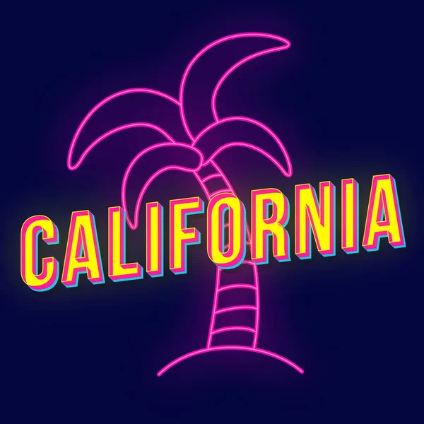 California vintage 3d vektör yazı. Retro kalın yazı tipi, yazı tipi. Pop art stilize metin. Eski okul tarzı neon ışık harfler. 90'lar, 80'ler afişi, afiş. Plaj palmiye ile koyu mavi renk arka plan