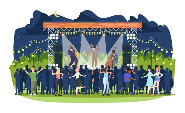 Jazz music festival flat vector illustration. Night retro concert in park. Open air live performance. People having fun at jam session. Rock-n-roll party. Musicians and spectators cartoon characters — Stock Vector