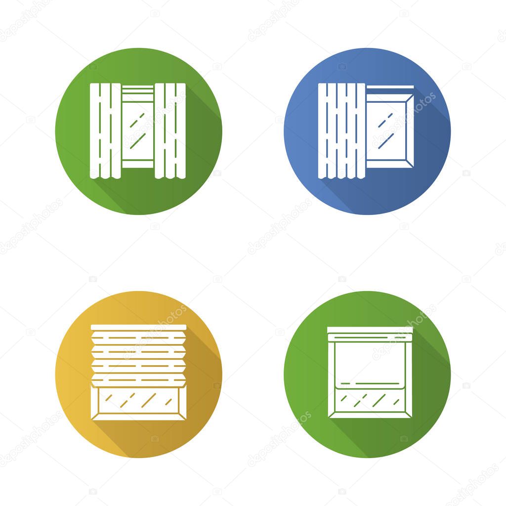 Window coverings and curtains flat design long shadow glyph icons set. Panel pair, tracks, pleated blinds, roller shades. Interior design, home decor shop. Vector silhouette illustration