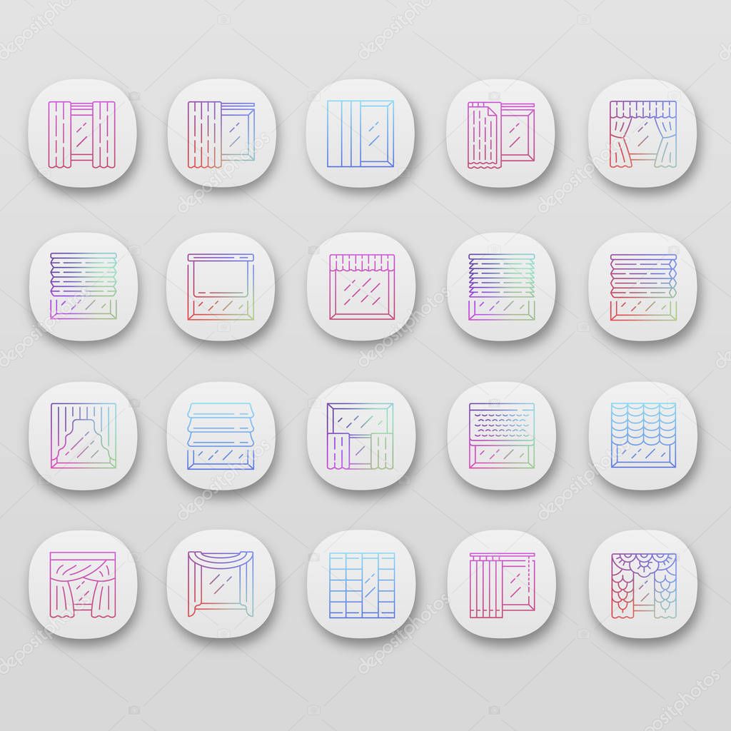 Window treatments and curtains app icons set. Roman shades, blinds, panel, shutters. Interior design, home decor shop. UI/UX user interface. Web or mobile applications. Vector isolated illustrations