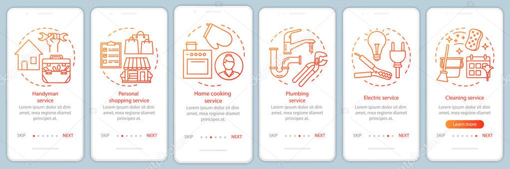 Home services onboarding mobile app page screen with linear conc