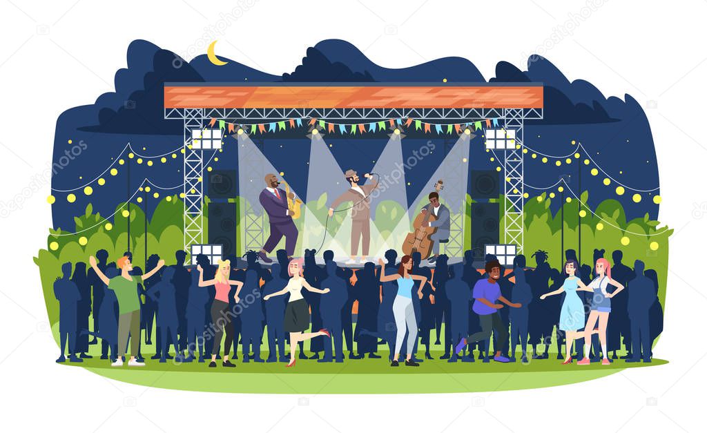 Jazz music festival flat vector illustration. Night retro concert in park. Open air live performance. People having fun at jam session. Rock-n-roll party. Musicians and spectators cartoon characters