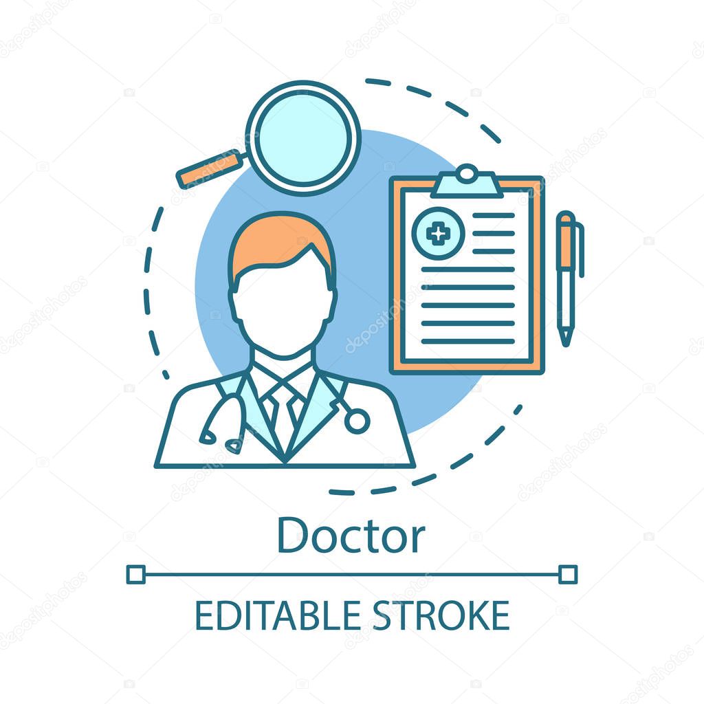 Doctor concept icon. Medical treatment idea thin line illustration. Patient care and aid. Examination of patient. Healthcare worker. Medical service. Vector isolated outline drawing. Editable stroke