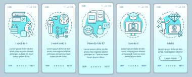 Doğrusal kavramlarla mobil uygulama sayfası ekranında eğitim motivasyonu. Başarıya giden yol. Kariyerci, yuppie, işkolik. Adımları grafik yönergeleri. Ux, Ui, Gui vektör şablonu çizimleri ile