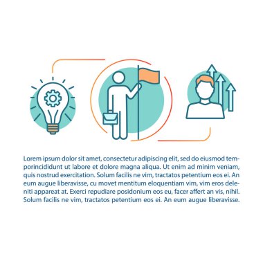 Liderlik makale sayfası vektör şablonu. Takım oluşturma. Kendini geliştirme. Doğrusal simgeler ve metin kutuları ile broşür, dergi, kitapçık tasarım elemanı. Baskı tasarımı. Metinli kavram çizimleri
