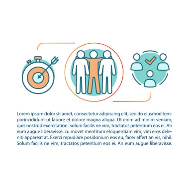 Takım çalışması etkinlikleri makale sayfası vektör şablonu. Takım oluşturma. Doğrusal simgeler ve metin kutuları ile broşür, dergi, kitapçık tasarım elemanı. Baskı tasarımı. Metin alanı ile kavram çizimleri