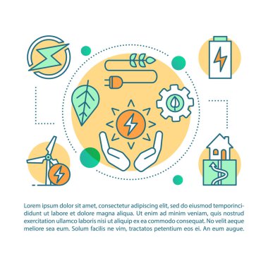 Alternatif enerji makale sayfası vektör şablonu. Eko enerji, yeşil teknoloji. Doğrusal simgeler ve metin kutuları ile broşür, dergi, kitapçık tasarım elemanı. Baskı tasarımı. Tex ile kavram çizimleri