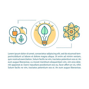 Alternatif enerji araştırmaları makale sayfası vektör şablonu. Eko enerji. Doğrusal simgeler ve metin kutuları ile broşür, dergi, kitapçık tasarım elemanı. Baskı tasarımı. Metin alanı ile kavram çizimleri