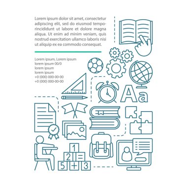 Okul sonrası program makale sayfası vektör şablonu. Çocuk eğlence ve eğitim. Broşür, dergi, doğrusal simgeler ve metin ile kitapçık tasarım elemanı. Baskı tasarımı. Kavram çizimleri