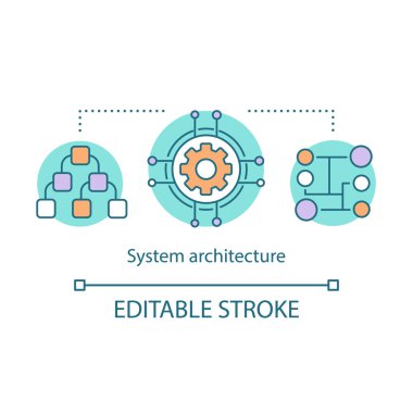 Sistem mimarisi kavram simgesi. Organizasyon yapısı, model fikir ince çizgi illüstrasyon. Yönetimi. Kurumsal hiyerarşi, departmanlar. Stratejik plan. Vektör izole çizim. Kullanılabilir kontur