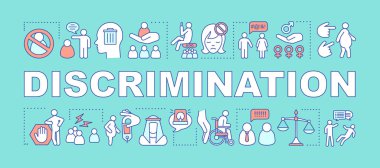 Ayrımcılık kelime kavramları afiş. İnsan hakları. Önyargı ve eşitsizlik. ırkçı -lık. Cinsiyet ayrımcılığı. Sunum, web sitesi. İzole harf tipografisi fikri. Vektör anahat çizimi